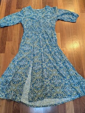 FatFace Blue Batik-Style Print Boho Midi Dress 3/4 Sleeve V-Neck A-Line, Size 12